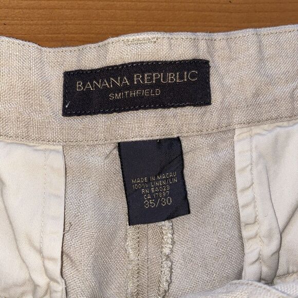 Banana Republic Smithfield Pants Mens 35x30 Beige Pleated Chino 100% Linen - Picture 3 of 10